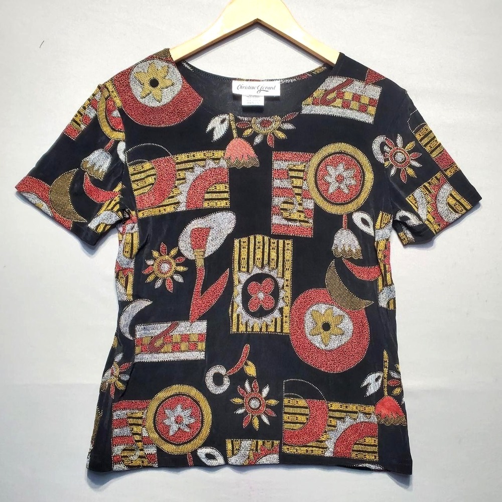 VTG 90s Christine Gerard Top Womens Large Black Abstract Artsy Slinky Knit Indie